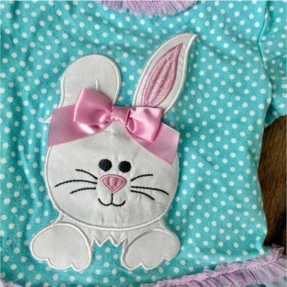 Bonnie Jean Easter Bunny Appliqued Blue White Polka Dot Dress Girls Size 24 mont - Picture 3 of 6